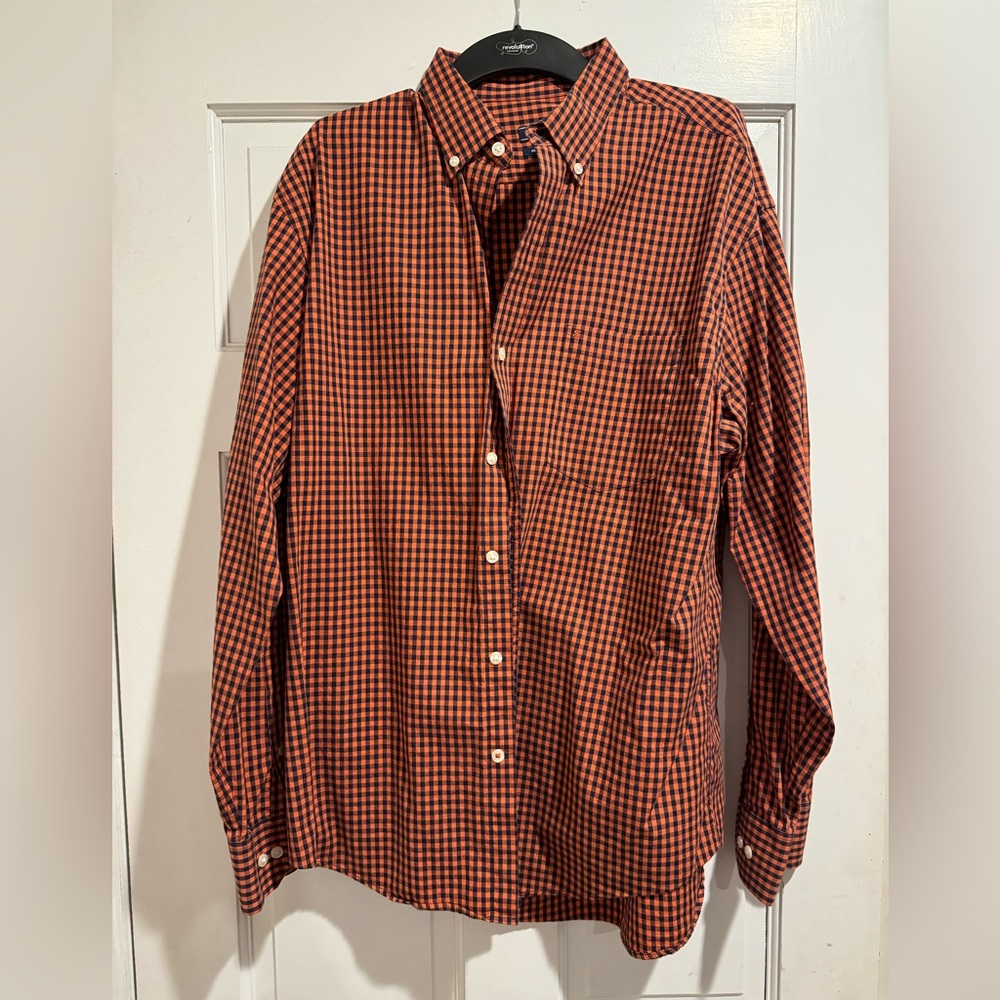 IZOD Orange and Navy Checkered Men’s Collared Shirt Size Large